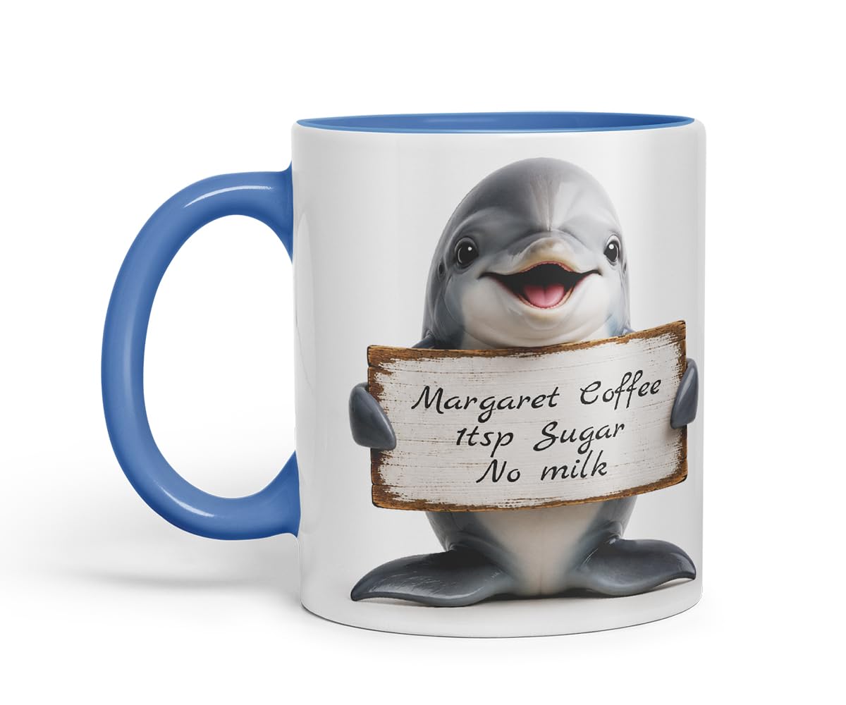 Vixar Personalised Dolphin Mug with Name or Custom Message – Cute Animal Coloured Ceramic Mug Cup Gift, 11oz (Black)