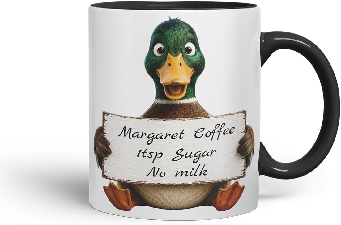 Vixar Personalised Duck Mug with Name or Custom Message – Cute Animal Coloured Ceramic Mug Cup Gift, 11oz (Black)