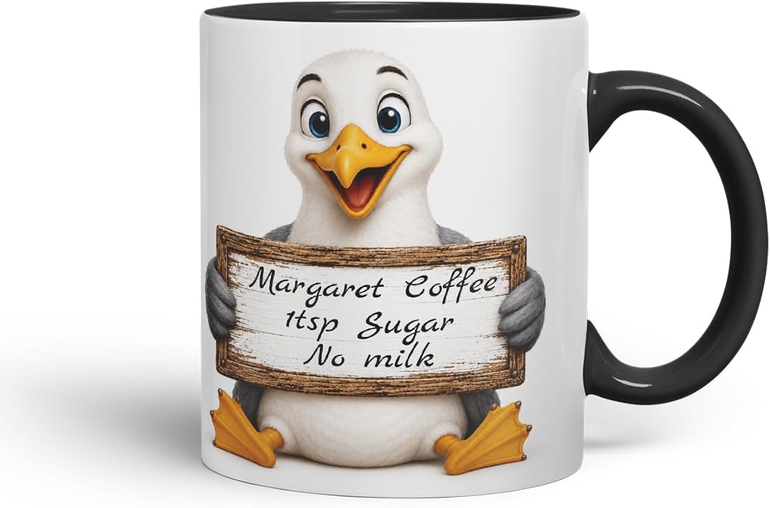 Vixar Personalised Seagull Mug with Name or Custom Message – Cute Animal Coloured Ceramic Mug Cup Gift, 11oz (Black)