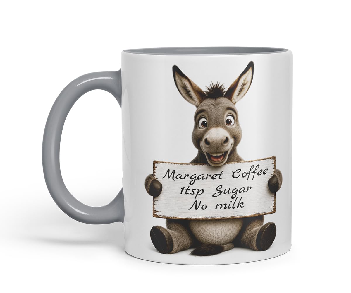 Vixar Personalised Donkey Mug with Name or Custom Message – Cute Animal Coloured Ceramic Mug Cup Gift, 11oz (Black)