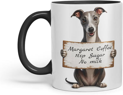 Vixar Personalised Greyhound Mug with Name or Custom Message – Cute Animal Coloured Ceramic Mug Cup Gift, 11oz (Black)