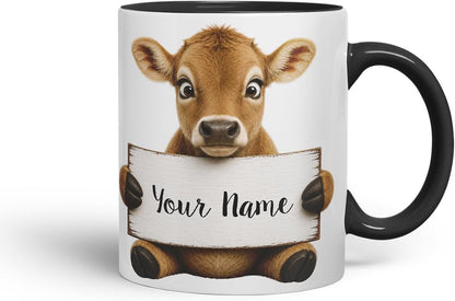 Vixar Personalised Jersey Cow Mug with Name or Custom Message – Cute Animal Coloured Ceramic Mug Cup Gift, 11oz (Black)