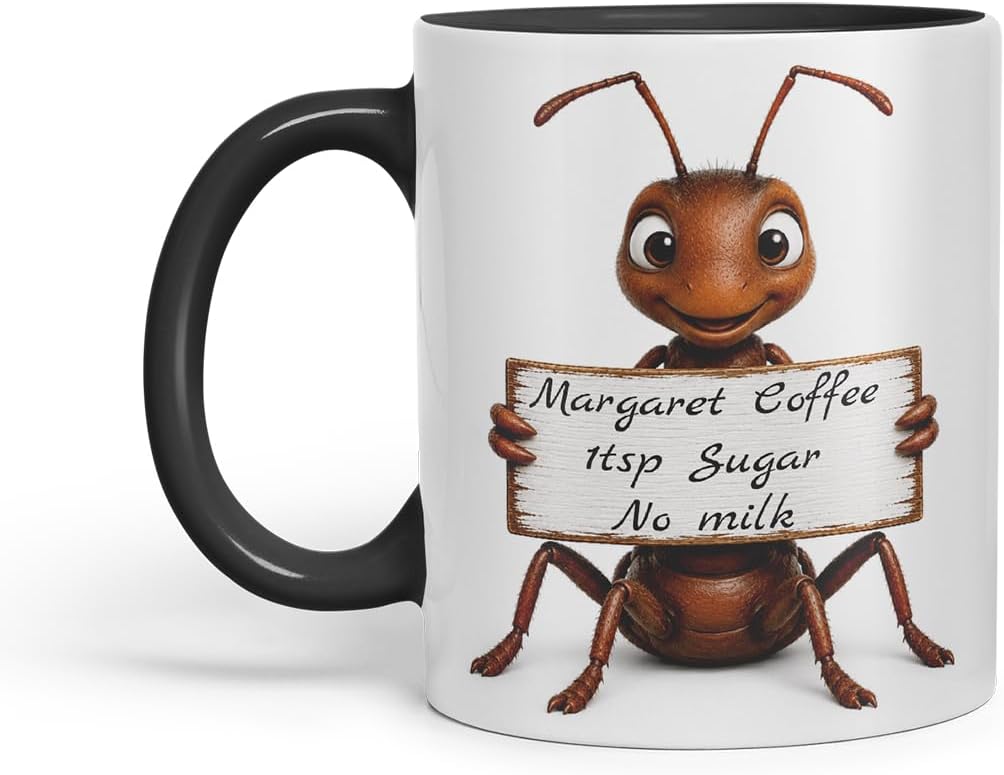 Vixar Personalised Ant Mug with Name or Custom Message – Cute Animal Coloured Ceramic Mug Cup Gift, 11oz (Black)