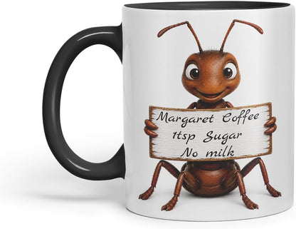 Vixar Personalised Ant Mug with Name or Custom Message – Cute Animal Coloured Ceramic Mug Cup Gift, 11oz (Black)
