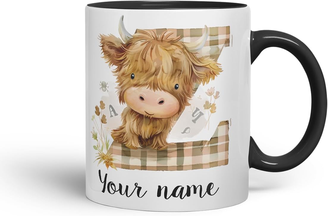 Vixar Personalised Highland Cow Initial Letter Z Custom Name Mug – Coloured Ceramic Mug Cup Gift, 11oz (Black)