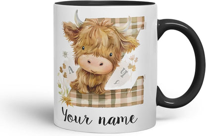 Vixar Personalised Highland Cow Initial Letter Z Custom Name Mug – Coloured Ceramic Mug Cup Gift, 11oz (Black)