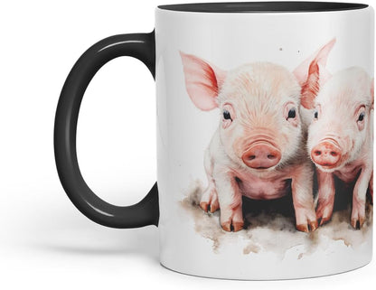 Vixar Watercolour Piglets Farm Pig aninams Mug – Coloured Ceramic Mug Cup Gift, 11oz (Black)