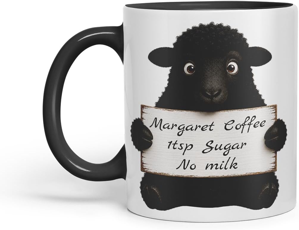 Vixar Personalised Black Sheep Mug with Name or Custom Message – Cute Animal Coloured Ceramic Mug Cup Gift, 11oz (Black)