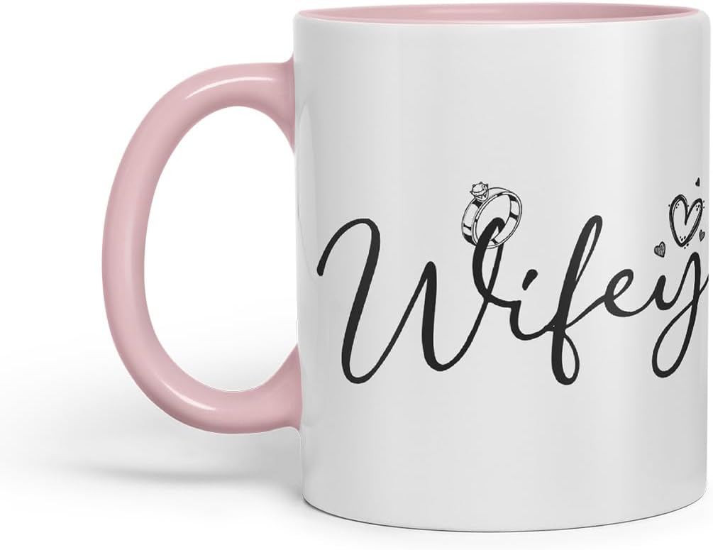 Vixar Wifey and Hubby Script Wedding Ring Couple Mugs – Coloured Ceramic Mugs Cups Gift, 11oz, Set of 2