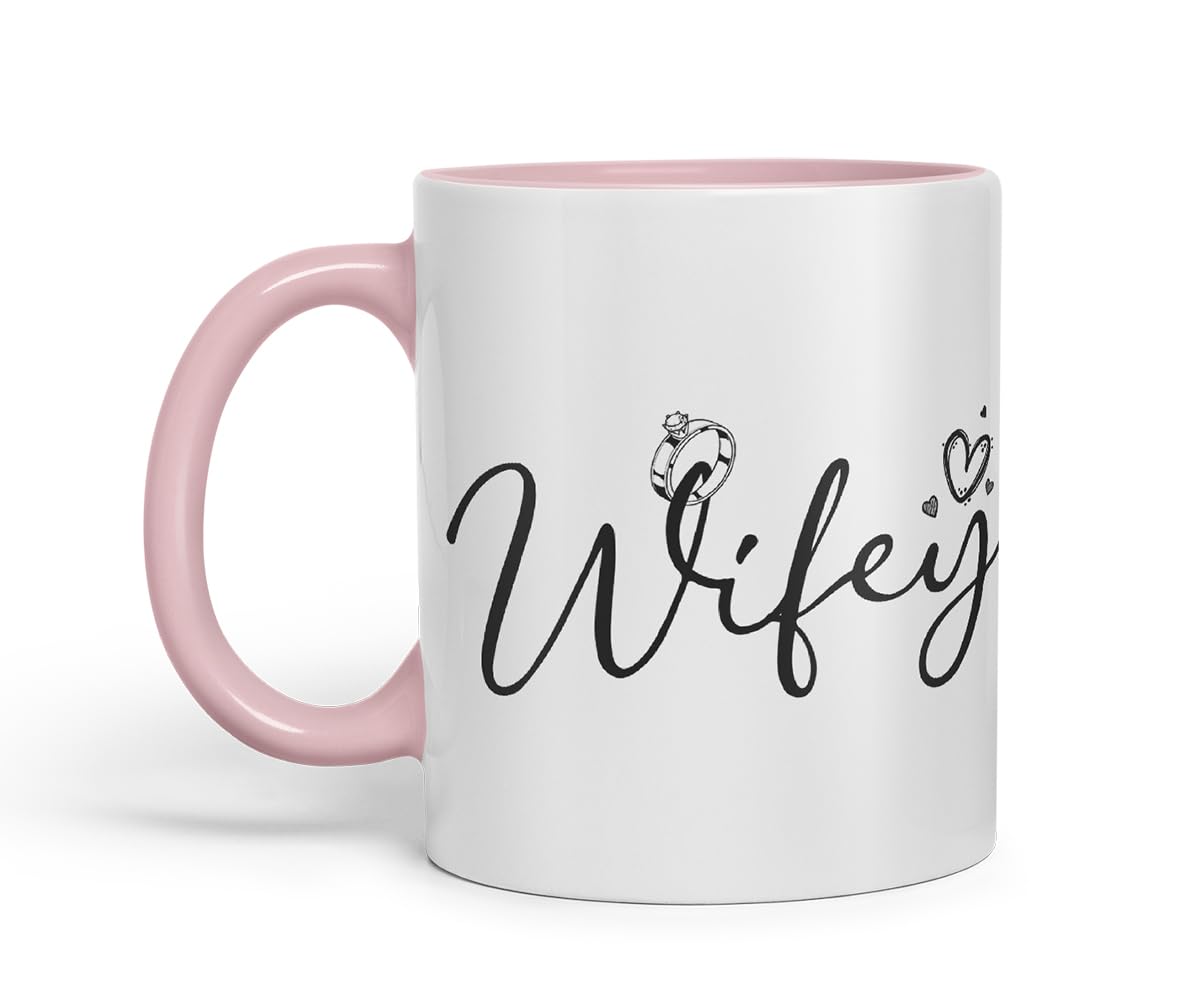Vixar Wifey Script Wedding Ring Couple Mug – Coloured Ceramic Mug Cup Gift, 11oz (Black)