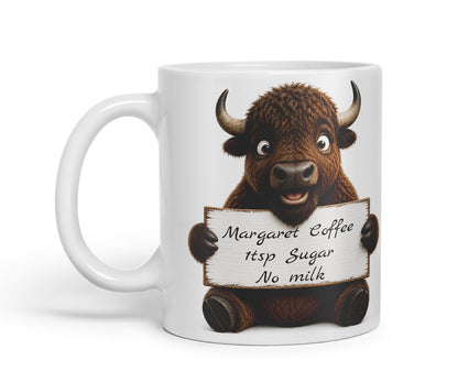 Vixar Personalised Bison Mug with Name or Custom Message – Cute Animal Coloured Ceramic Mug Cup Gift, 11oz (Black)