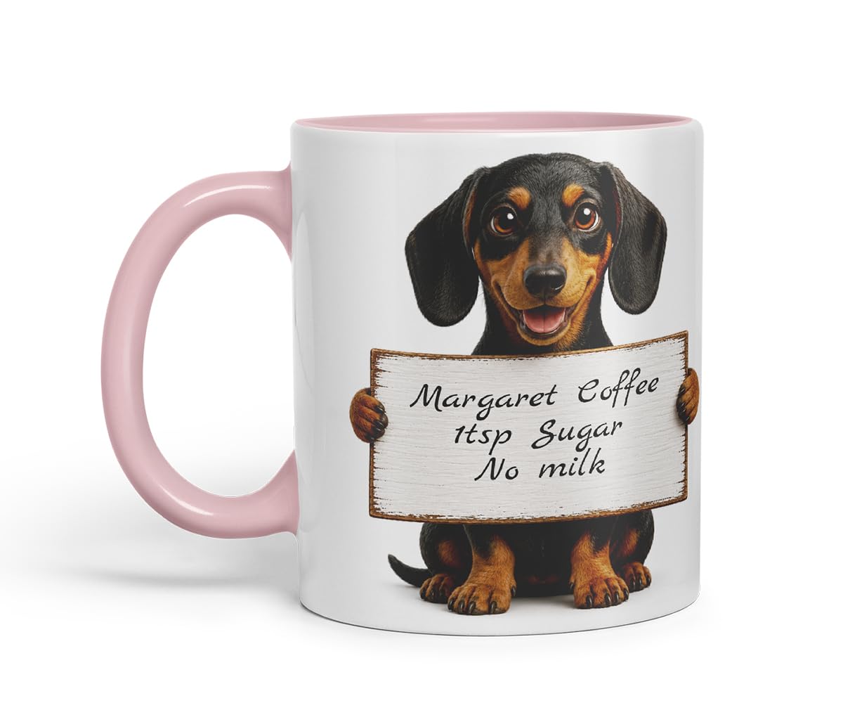 Vixar Personalised Dachshund Dog Pet Mug with Name or Custom Message – Cute Animal Coloured Ceramic Mug Cup Gift, 11oz (Black)