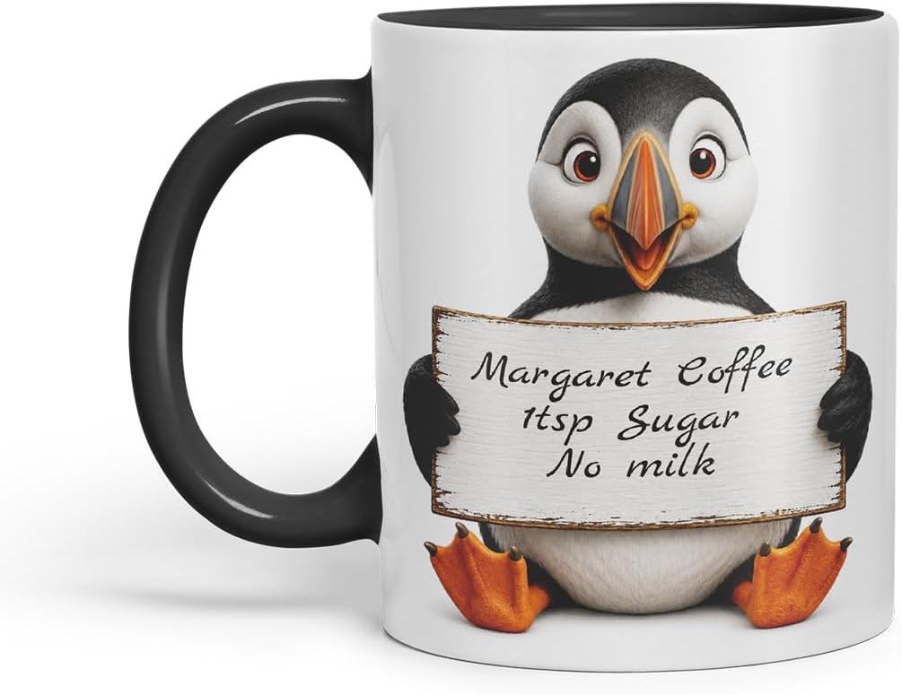 Vixar Personalised Puffin Mug with Name or Custom Message – Cute Animal Coloured Ceramic Mug Cup Gift, 11oz (Black)