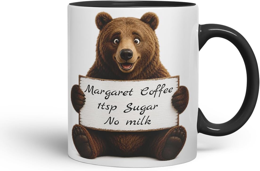 Vixar Personalised Bear Mug with Name or Custom Message – Cute Animal Coloured Ceramic Mug Cup Gift, 11oz (Black)