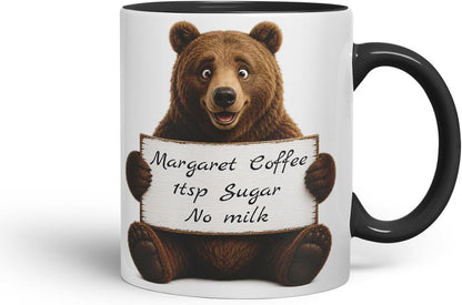 Vixar Personalised Bear Mug with Name or Custom Message – Cute Animal Coloured Ceramic Mug Cup Gift, 11oz (Black)