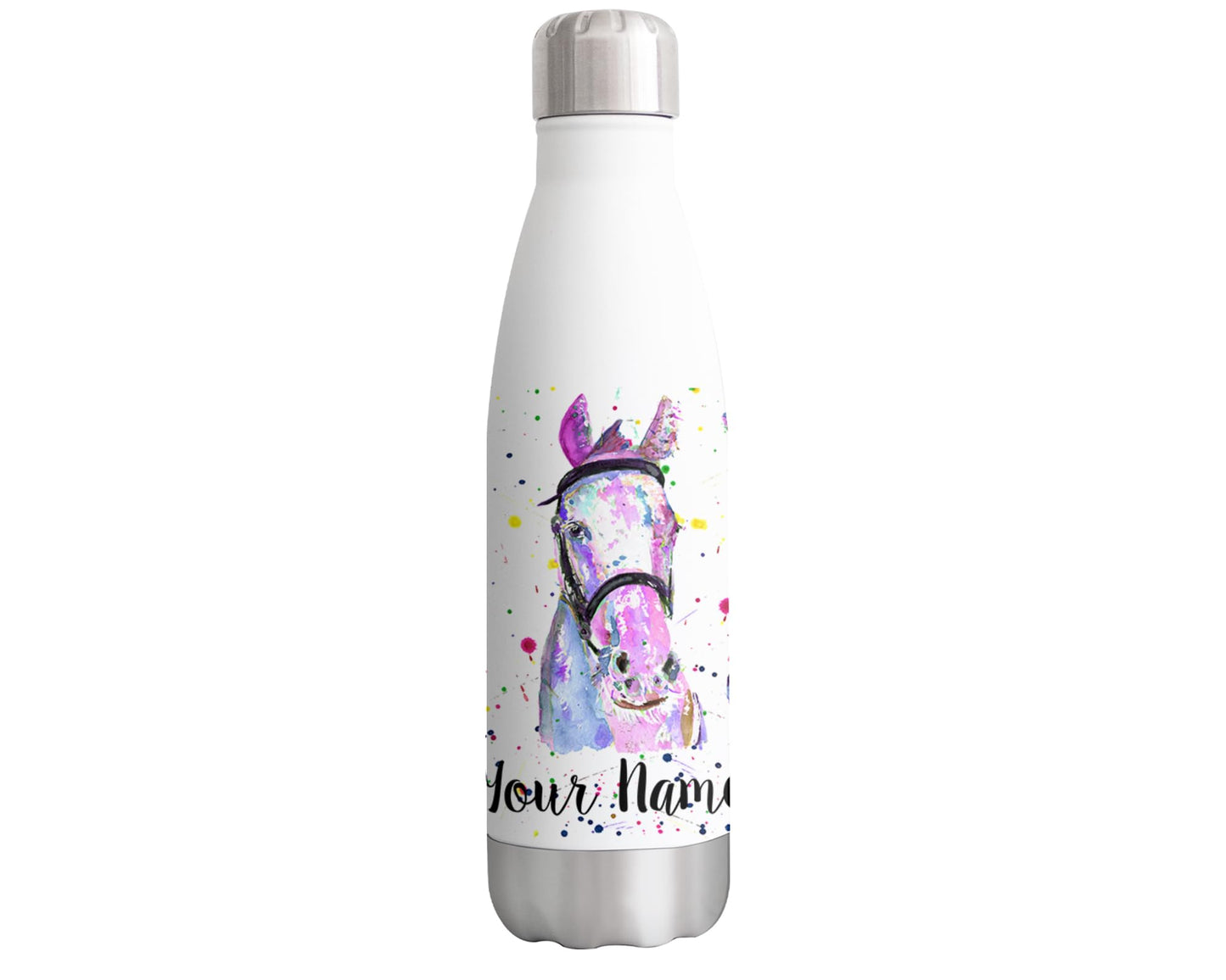 Vixar Horses Personalised Custom Bottle with your Text/name Horse Pinks Watercolour Farm animals Bottle double Wall insulated Stainless steel sport Drinks 500ml