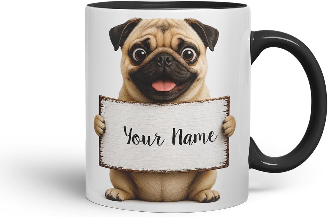 Vixar Personalised Pug Mug with Name or Custom Message – Cute Animal Coloured Ceramic Mug Cup Gift, 11oz (Black)