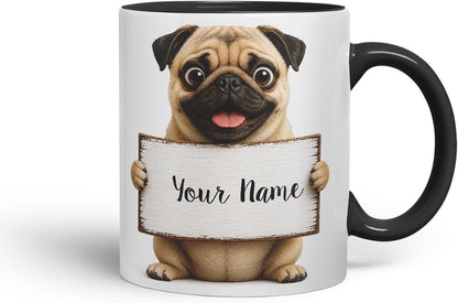 Vixar Personalised Pug Mug with Name or Custom Message – Cute Animal Coloured Ceramic Mug Cup Gift, 11oz (Black)