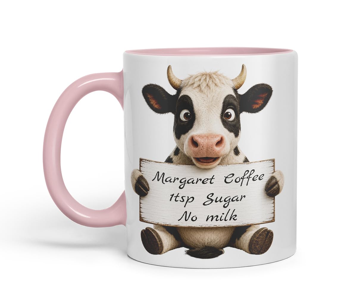 Vixar Personalised Cow Mug with Name or Custom Message – Cute Animal Coloured Ceramic Mug Cup Gift, 11oz (Black)
