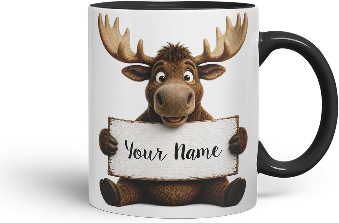 Vixar Personalised Moose Mug with Name or Custom Message – Cute Animal Coloured Ceramic Mug Cup Gift, 11oz (Black)