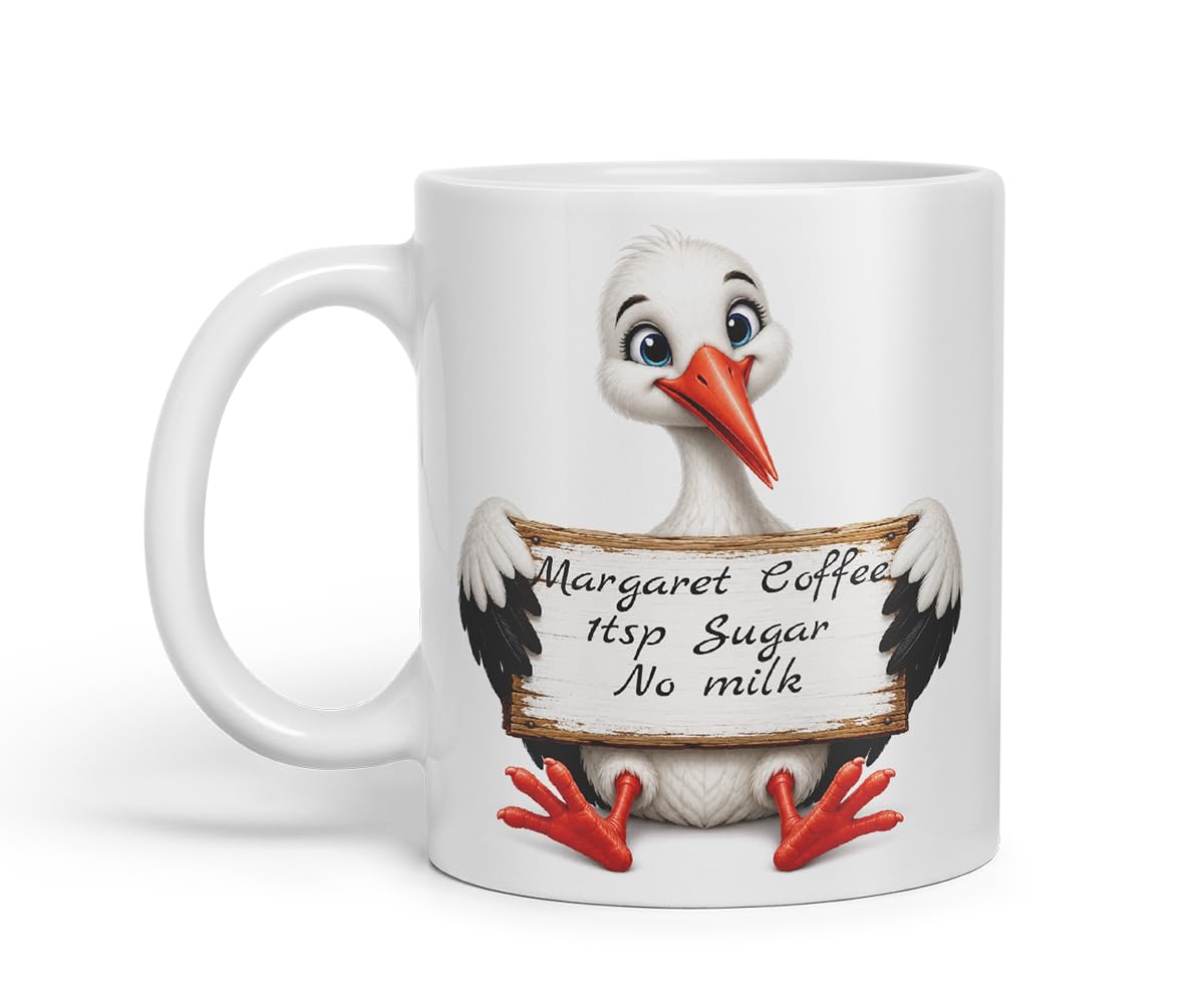 Vixar Personalised Stork Mug with Name or Custom Message – Cute Animal Coloured Ceramic Mug Cup Gift, 11oz (Black)