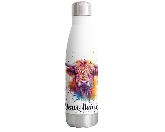 Highland Cow Personalised Custom Bottle with Your Text/Name Watercolour Scottish Farm Animals Bottle Double Wall Insulated Stainless Steel Sport Drinks 500ml HC4