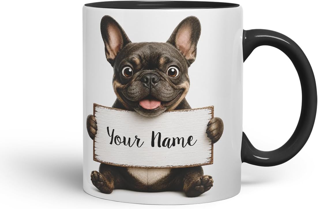 Vixar Personalised French Bulldog Dog Pet Mug with Name or Custom Message – Cute Animal Coloured Ceramic Mug Cup Gift, 11oz (Black)