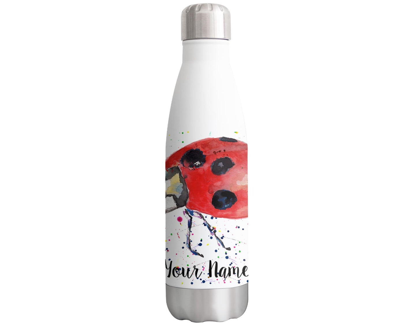 Vixar Ladybird Personalised Custom Bottle with your Text/name Watercolour Art Lady Bug wildlife animal Bottle double Wall insulated Stainless steel sport Drinks 500ml