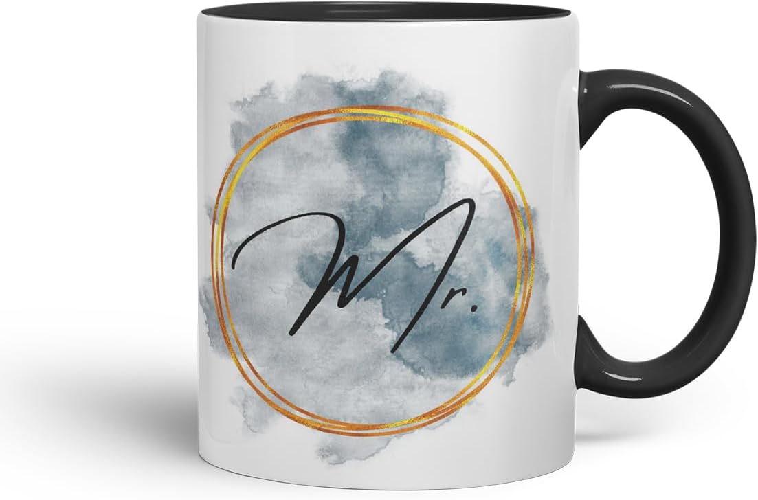 Vixar Mr Watercolour Wedding Couple Mug – Coloured Ceramic Mug Cup Gift, 11oz (Black)