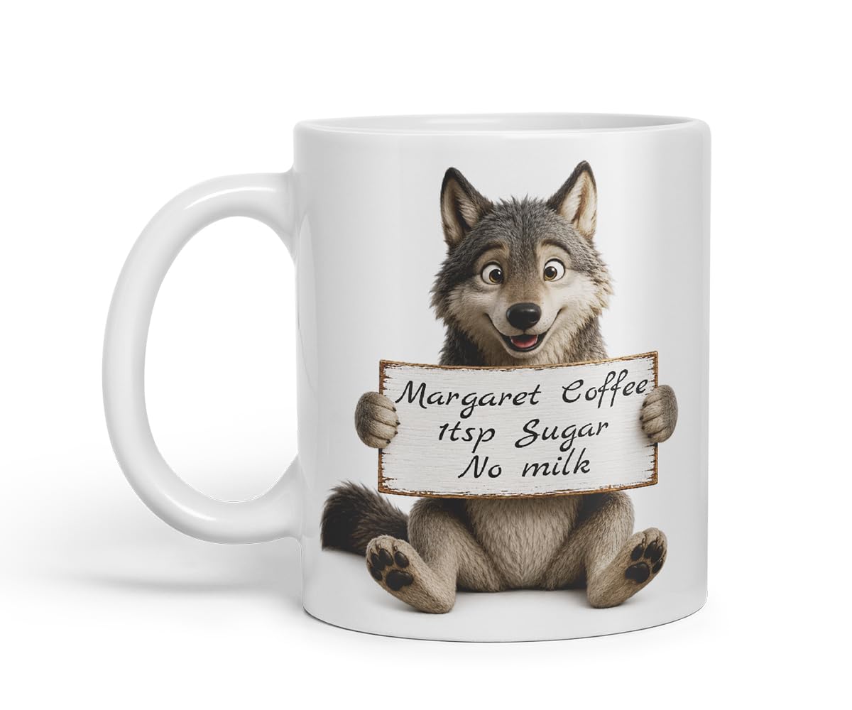 Vixar Personalised Wolf Mug with Name or Custom Message – Cute Animal Coloured Ceramic Mug Cup Gift, 11oz (Black)