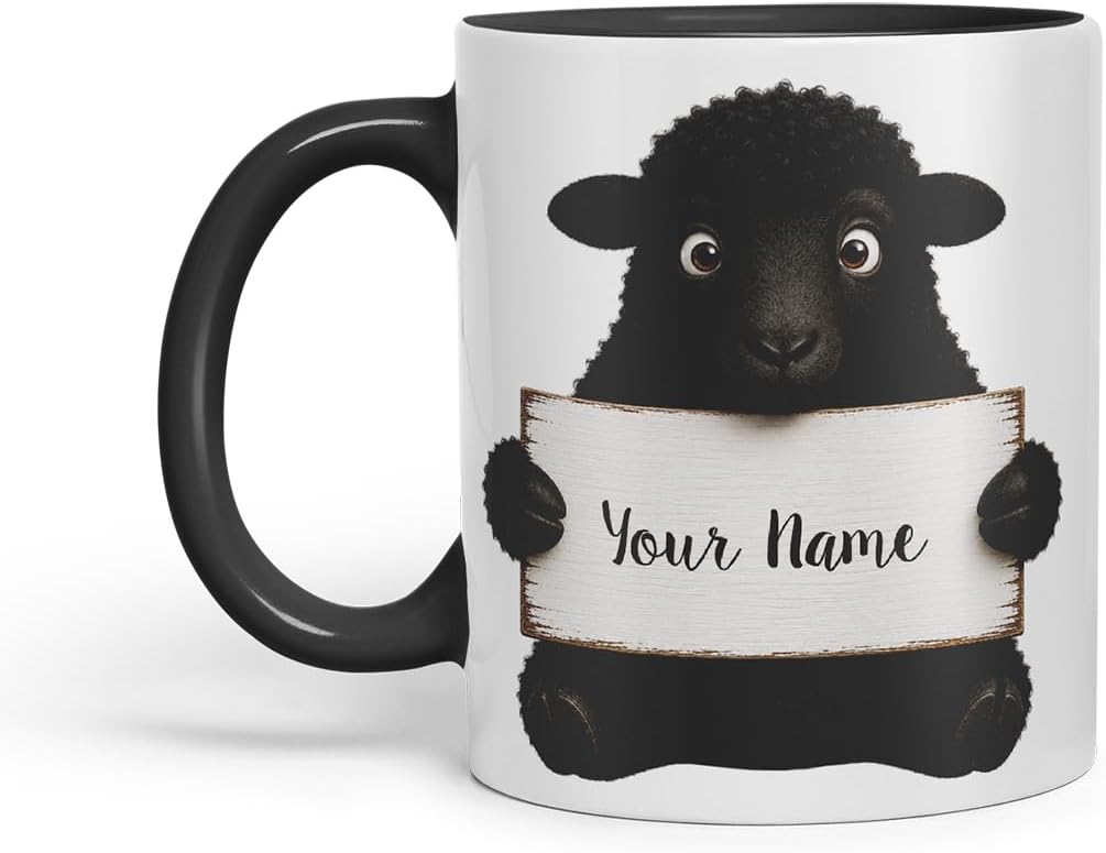 Vixar Personalised Black Sheep Mug with Name or Custom Message – Cute Animal Coloured Ceramic Mug Cup Gift, 11oz (Black)