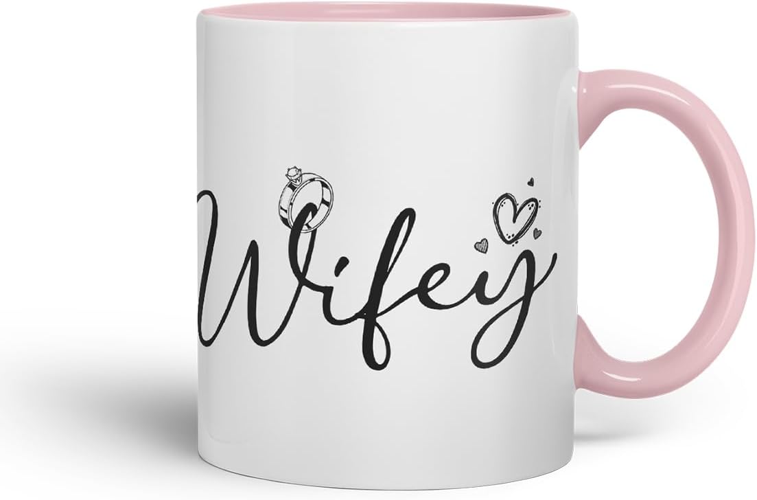 Vixar Wifey and Hubby Script Wedding Ring Couple Mugs – Coloured Ceramic Mugs Cups Gift, 11oz, Set of 2