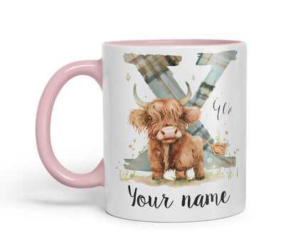 Vixar Personalised Highland Cow Initial Letter X Custom Name Mug – Coloured Ceramic Mug Cup Gift, 11oz (Black)