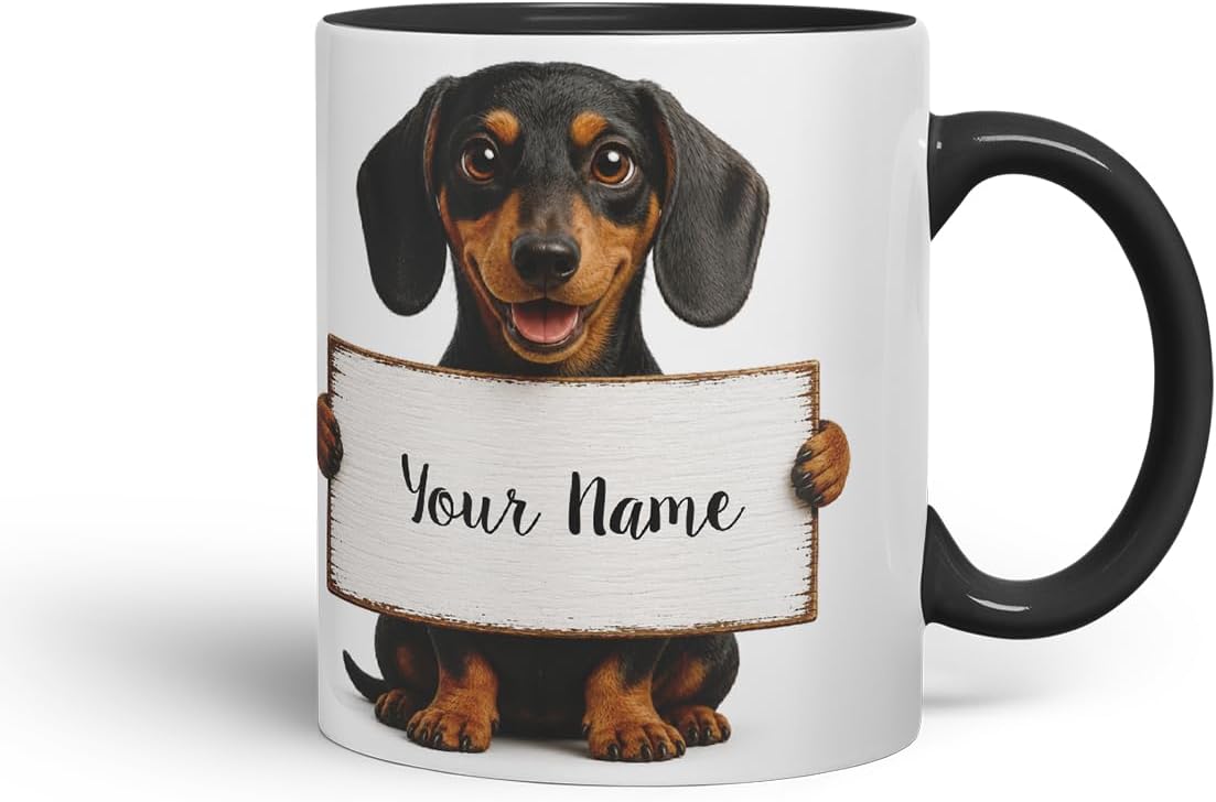Vixar Personalised Dachshund Dog Pet Mug with Name or Custom Message – Cute Animal Coloured Ceramic Mug Cup Gift, 11oz (Black)