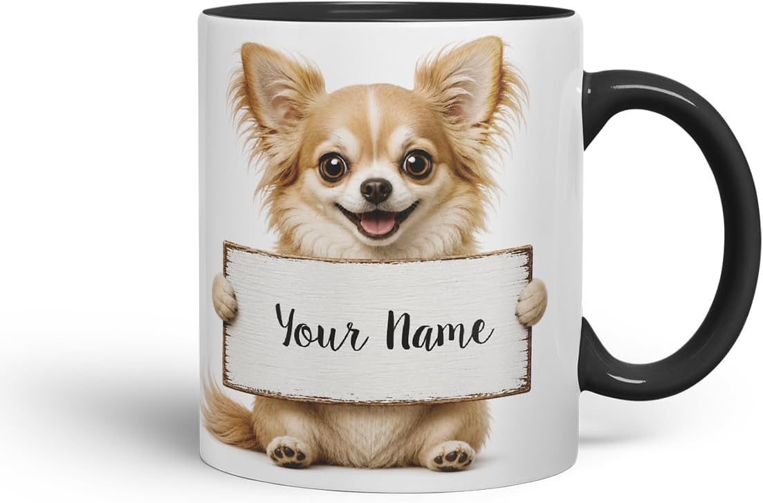 Vixar Personalised Long Hair Chihuahua Mug with Name or Custom Message – Cute Animal Coloured Ceramic Mug Cup Gift, 11oz (Black)