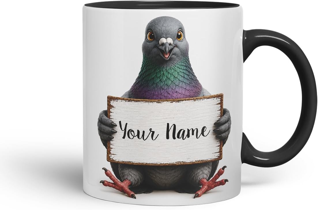 Vixar Personalised Pigeon Mug with Name or Custom Message – Cute Animal Coloured Ceramic Mug Cup Gift, 11oz (Black)