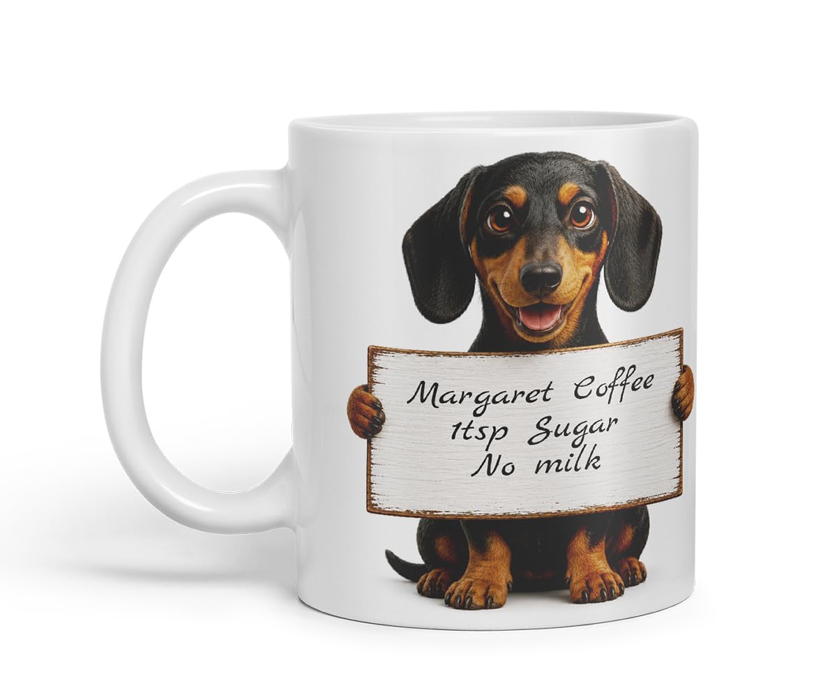 Vixar Personalised Dachshund Dog Pet Mug with Name or Custom Message – Cute Animal Coloured Ceramic Mug Cup Gift, 11oz (Black)