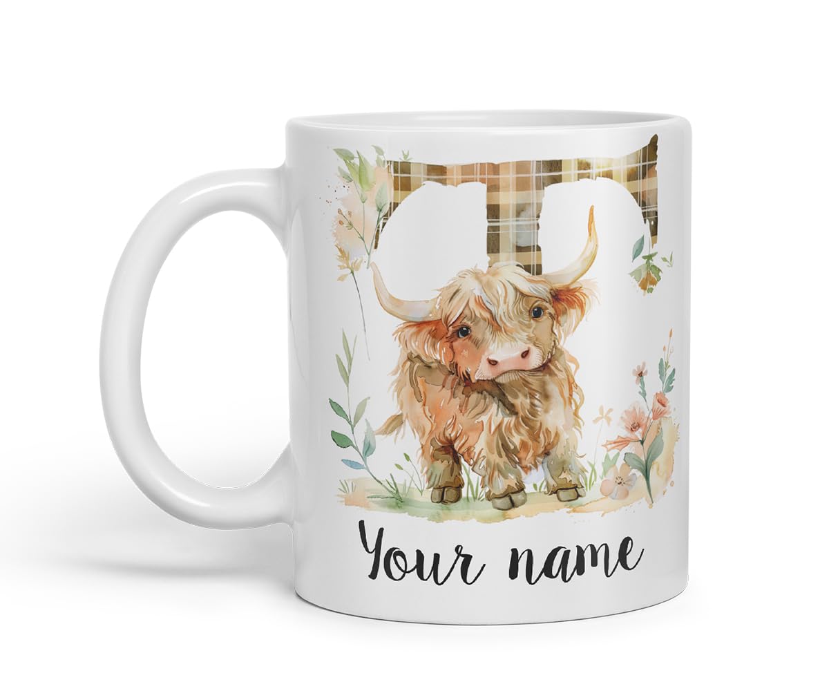 Vixar Personalised Highland Cow Initial Letter T Custom Name Mug – Coloured Ceramic Mug Cup Gift, 11oz (Black)