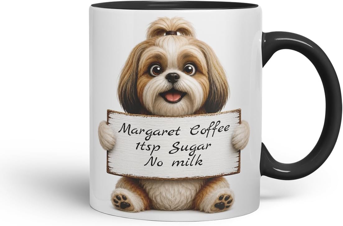 Vixar Personalised Shih Tzu Mug with Name or Custom Message – Cute Animal Coloured Ceramic Mug Cup Gift, 11oz (Black)