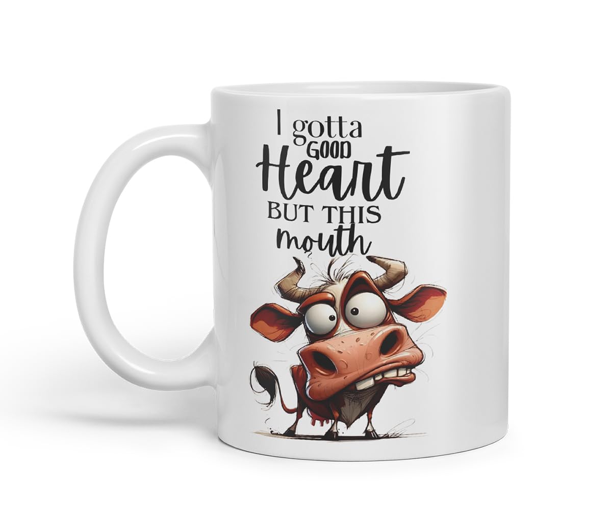 Vixar I Gotta Good Heart But This Mouth Funny Cow – Coloured Ceramic Mug Cup Gift, 11oz (Black)