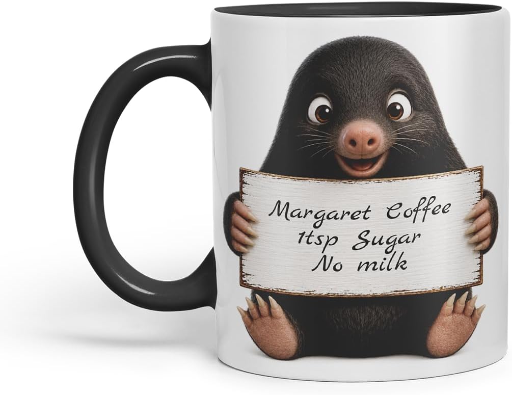 Vixar Personalised Mole Mug with Name or Custom Message – Cute Animal Coloured Ceramic Mug Cup Gift, 11oz (Black)