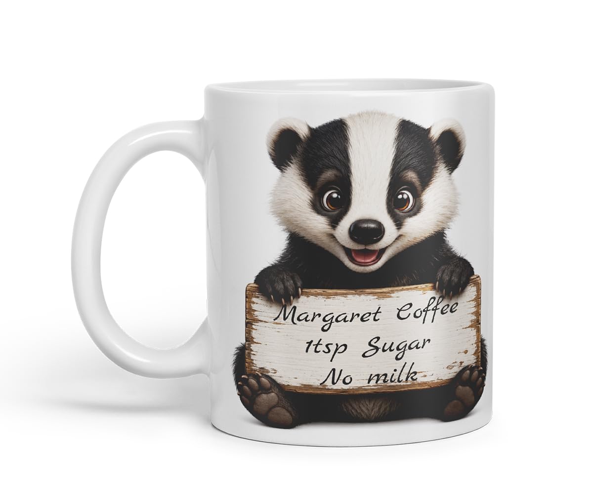 Vixar Personalised Badger Mug with Name or Custom Message – Cute Animal Coloured Ceramic Mug Cup Gift, 11oz (Black)
