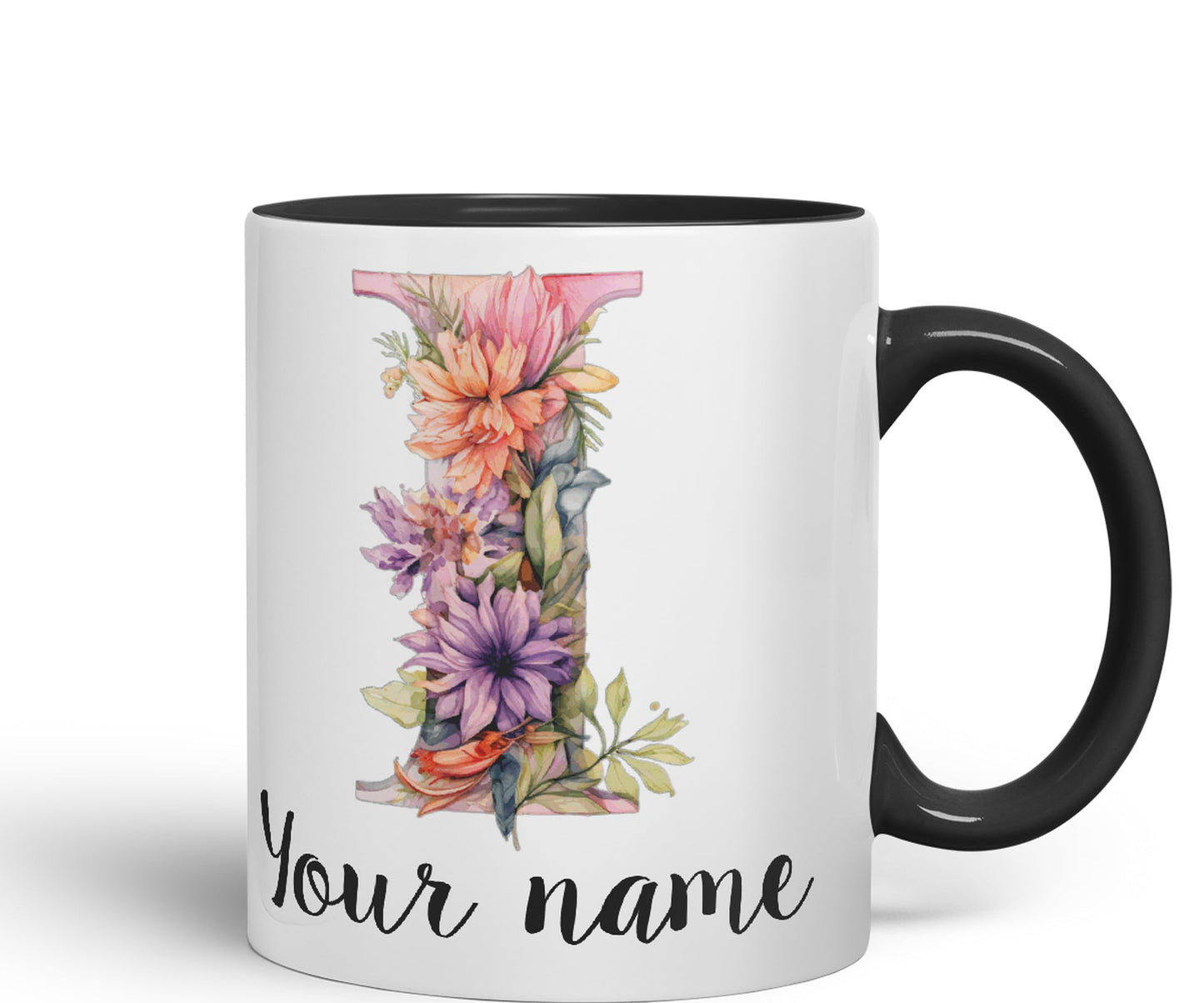 Personalised Letter I mug, Customized Custom Floral flowers butterfly Alphabet Letter I Monogram watercolour Ceramic Coloured Mug Cup for Tea Coffee Hot brew 330ml 11Oz Gift