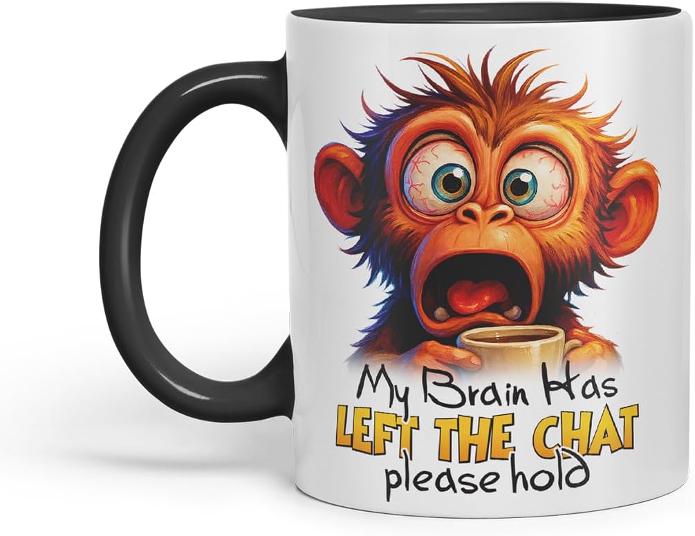 Vixar My Brain Has Left The Chat Please Hold Sarcastic Monkey – Coloured Ceramic Mug Cup Gift, 11oz (Black)