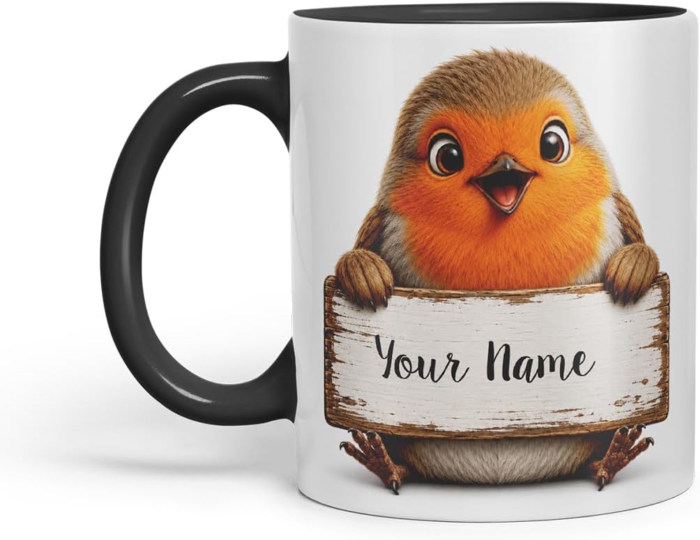Vixar Personalised Robin Mug with Name or Custom Message – Cute Animal Coloured Ceramic Mug Cup Gift, 11oz (Black)