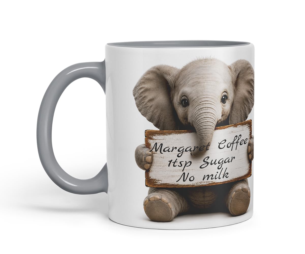 Vixar Personalised Elephant Mug with Name or Custom Message – Cute Animal Coloured Ceramic Mug Cup Gift, 11oz (Black)