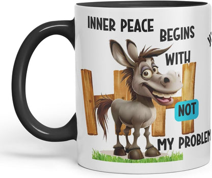 Vixar Inner Peace Begins with Not My Problem Sarcastic Donkey Coloured Ceramic Mug Cup Gift 11oz (Black)