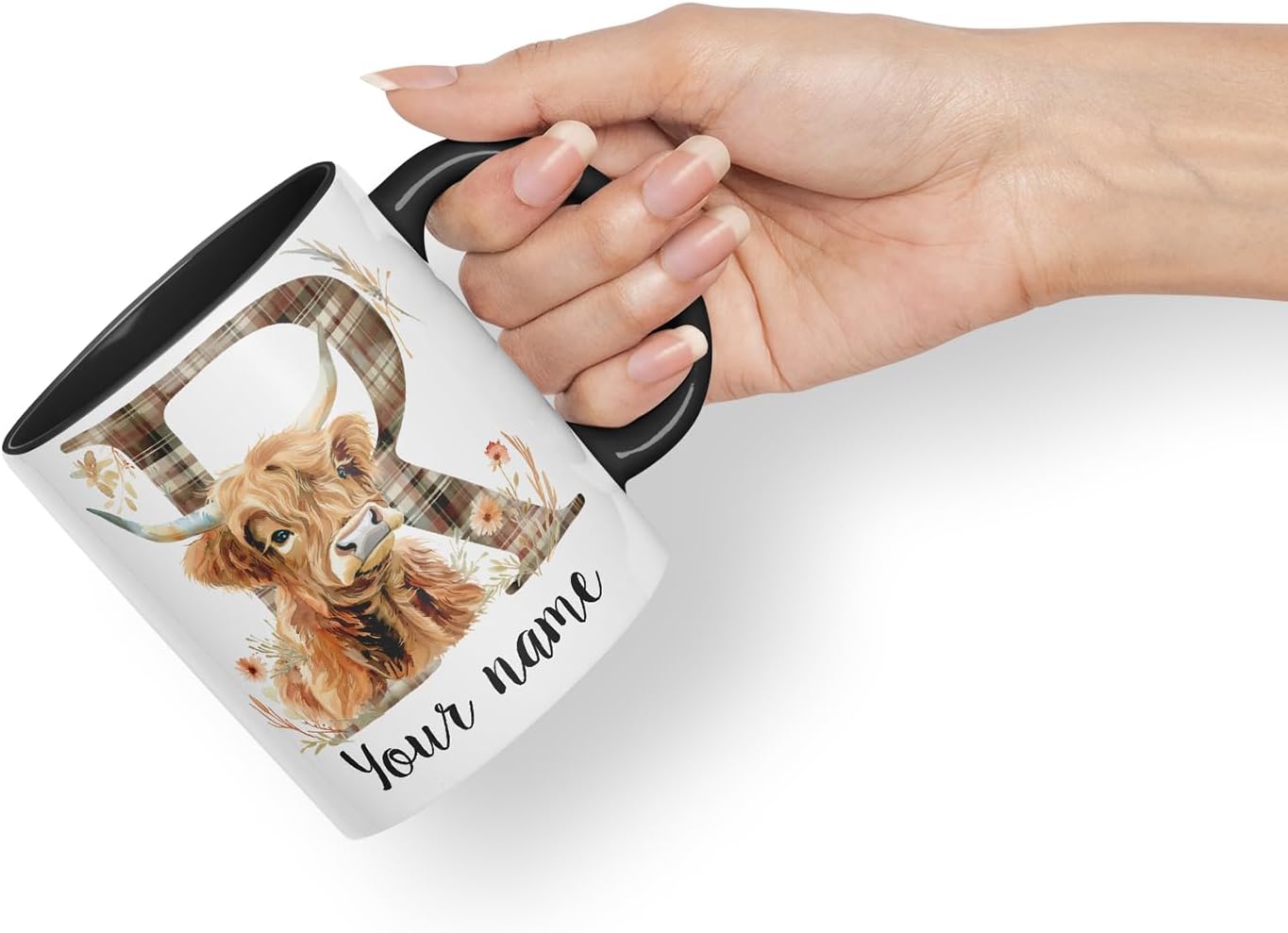 Vixar Personalised Highland Cow Initial Letter R Custom Name Mug – Coloured Ceramic Mug Cup Gift, 11oz (Black)