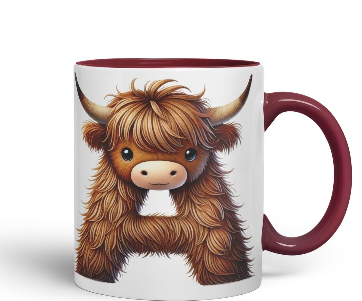 Highland Cow Alphabet Monogram Coloured Ceramic Cup Mug Letter A Rustic Farmhouse Animal Letter Gift V2 11oz (Black)