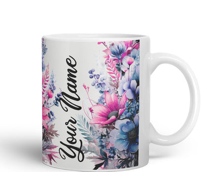 Vixar Personalised Purple Floral Mug – Custom Your Name Coloured Ceramic Mug Cup Gift, 11oz (Black)